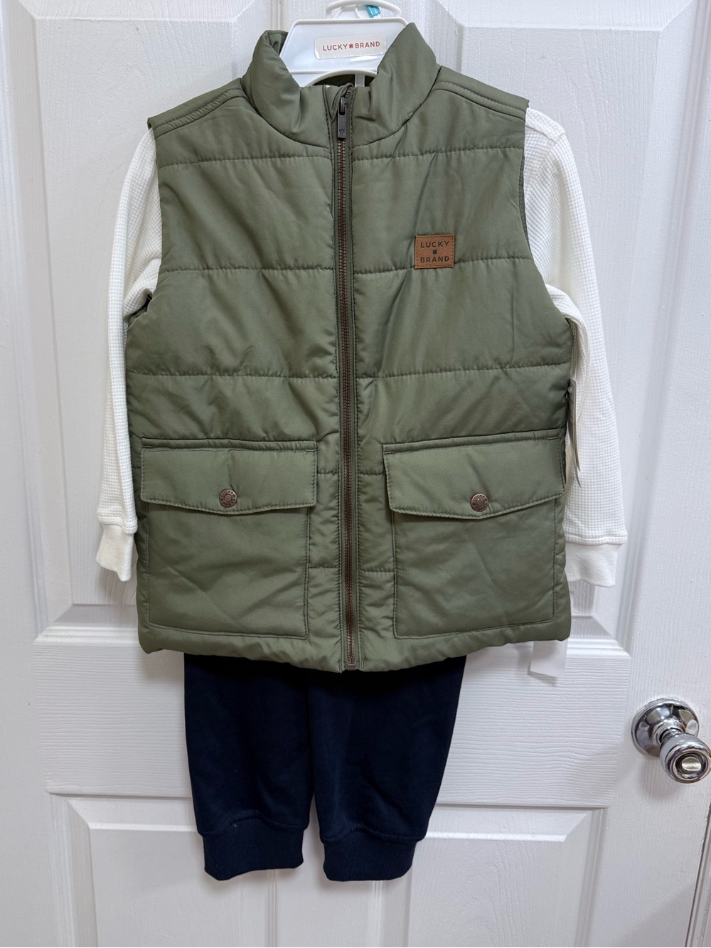 NWT Lucky Brand Olive Green Puffer Vest with Cream Top & Navy Pants, Size 5